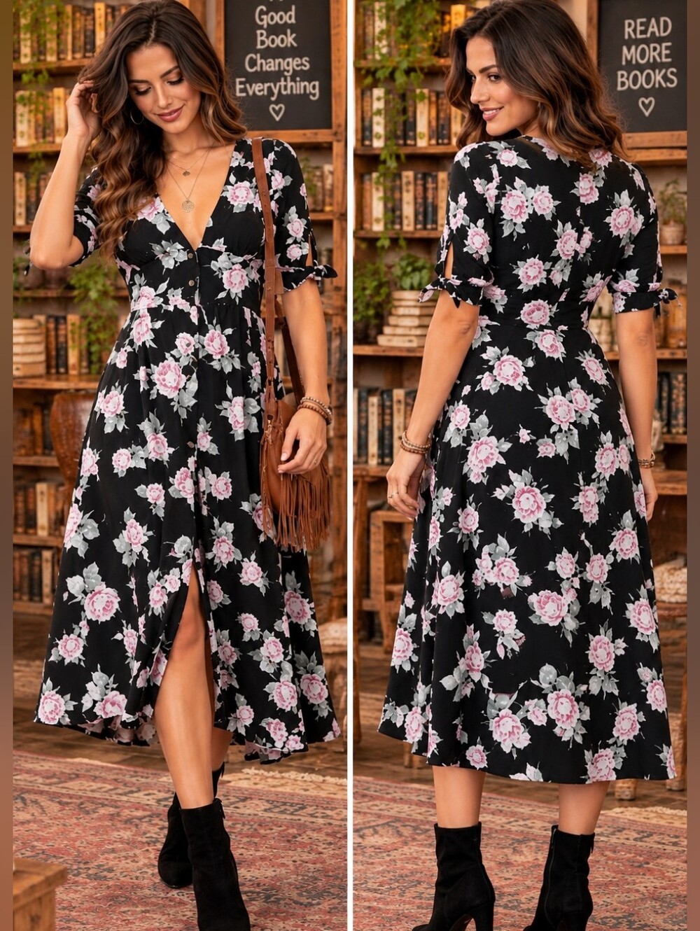 Free People Love Of My Life Dress Midi Black Floral Print Button Front Boho